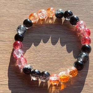 Handmade Vibrant Orange, Black, & Red Crystalline Beaded Bracelet, Size 7”